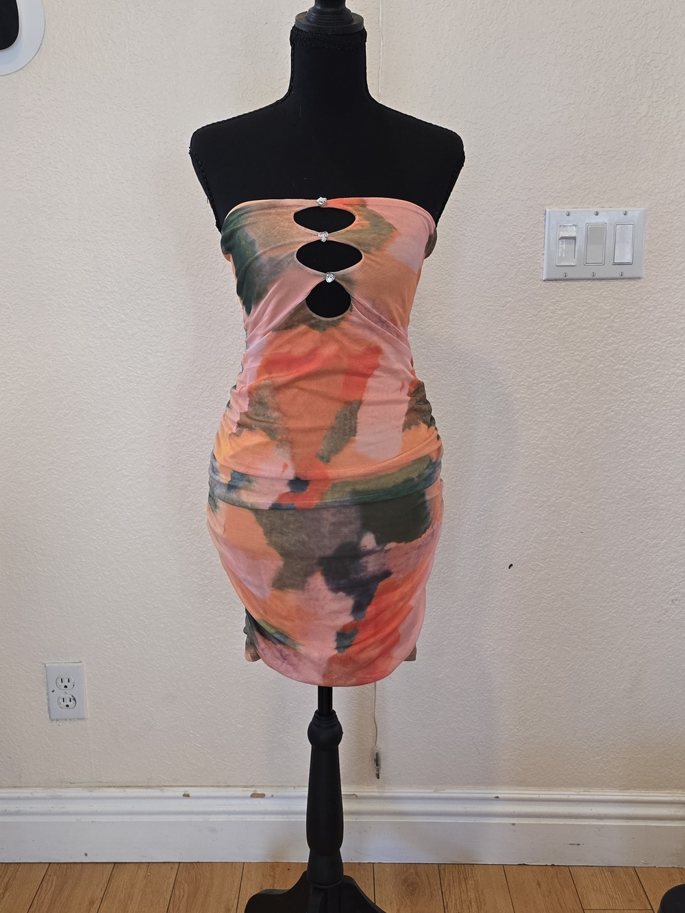 SHEIN Strapless Tie-Dye Cutout Bodycon Dress - Pink Orange Green